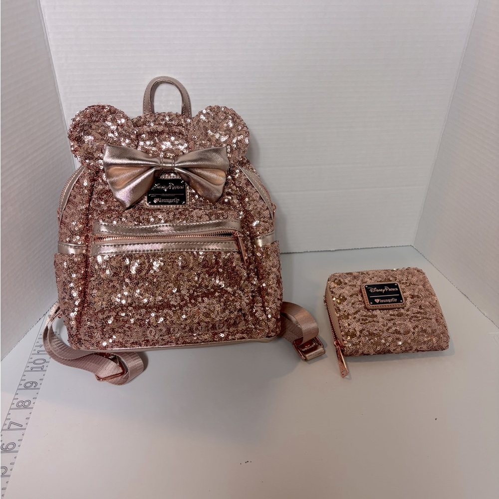 Loungefly Disney Parks Minnie Mouse Sequined Mini Backpack & Wallet – Rose Gold